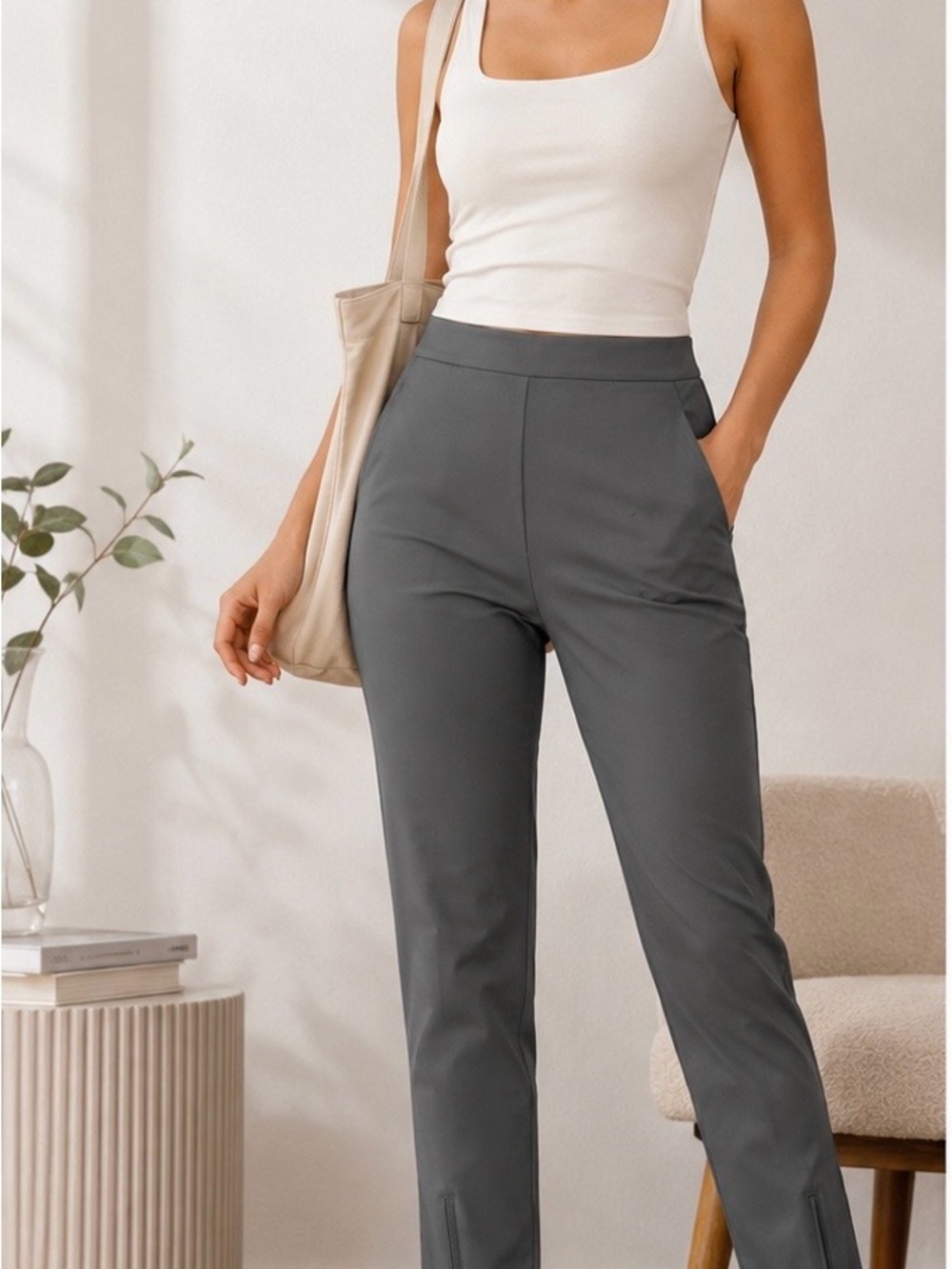 High-Rise Straight Leg Pants in Charcoal Gray